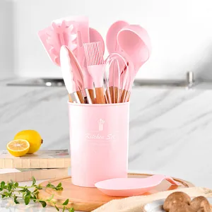 11pcs pink heat resistant silicone kitchen utensil set with wooden handles and bucket