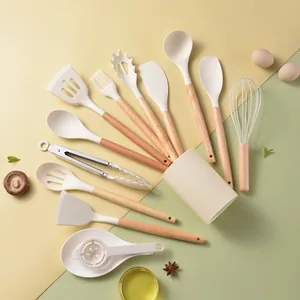Utensilios de Cocina de Silicona Mangos de Madera Herramientas de Cocina Resistentes al Calor Espátula Cuchara Pincel Pinzas Cubo Blanco Crema