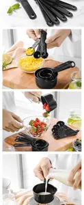 Detailed shots of 11-piece black measuring cup and spoon set used for kitchen baking