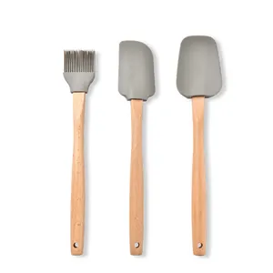 Professional 3-piece grey silicone baking set with natural wooden handles and brush