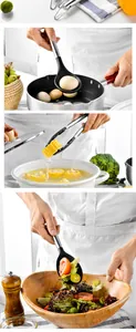 Gros plans d'ustensiles de cuisine en silicone et acier inoxydable en utilisation