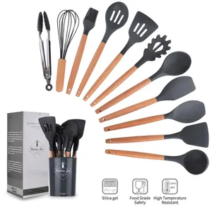 Professional 11-piece silicone kitchen utensil set with wood handles and storage bucket