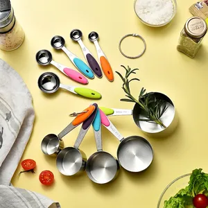 Stainless Steel Measuring Cups And Spoons With Colorful Silicone Handle For Baking Cooking Kitchen Tools Food Grade Engraved Markings