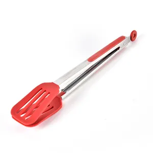 Professional red silicone and stainless steel BBQ food tongs with hanging lock mechanism