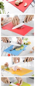 Detail of 4-piece color-coded PP plastic cutting boards for meat, fish, and vegetables.