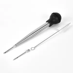 Complete stainless steel turkey baster kit including 2 injector needles and cleaning brush