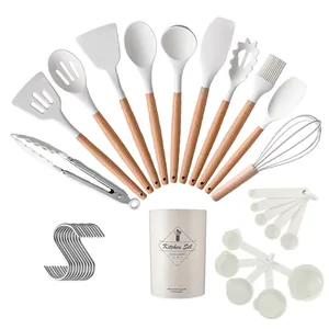 Ensemble de 11 ustensiles de cuisine en silicone blanc avec manches en bois et pot