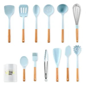 12-piece Morandi blue silicone kitchen utensil set with natural wooden handles and storage holder