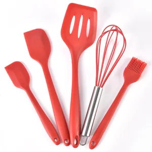 Professional 5-piece red silicone kitchen utensil set for high heat cooking and baking