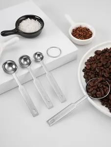 Détail de 4 cuillères à mesurer en inox avec repères de capacité gravés.