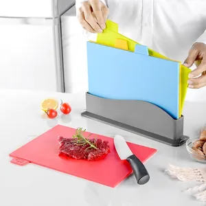 4 Pieces PP Plastic Categorized Cutting Board Set With Storage Base Indexed Non-Slip Chopping Boards For Meat Fish Vegetables