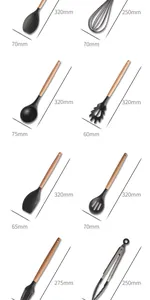 Dimensions overview of various black silicone kitchen utensils with wooden handles