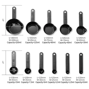 Professional 11-piece black measuring cup and spoon set for baking with ml capacity and dimensions