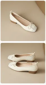 Close-up of elegant French bow ballet flats in cream featuring low chunky heels