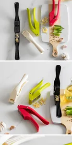 Detailed top-down view of the 2-in-1 manual garlic press and slicer set in colors
