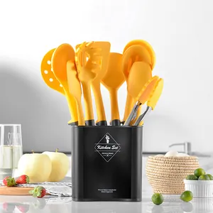 Utensilios de Cocina de Silicona Amarilla Con Soporte Antiadherente Resistente al Calor Espátula Cuchara Pinzas Cocina