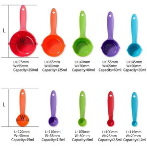 Set de 10 tasses et cuillères à mesurer en plastique coloré avec dimensions et capacité