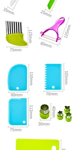 Detailed dimension diagram of kids safe cooking knife, peeler, and scrapers set.