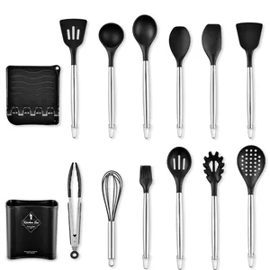 Set de 13 ustensiles de cuisine en silicone avec manches en inox et support