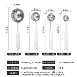 Lot de 4 cuillères doseuses en acier inoxydable avec dimensions pour le café et la pâtisserie