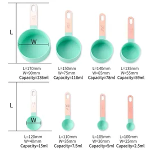 Premium 8-piece mint green measuring cup and spoon set with rose gold stainless steel handles