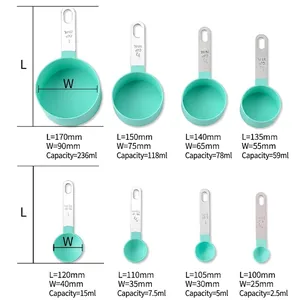 8-piece turquoise measuring cup and spoon set with stainless steel handles and measurements