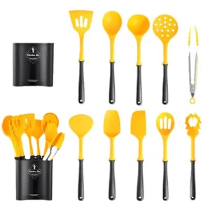 Juego completo de 11 utensilios de cocina amarillos con mangos negros y bote organizador