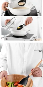 Detailed shots of black silicone kitchen utensils with wooden handles in cooking scenes