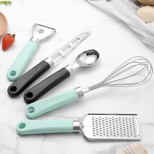 Versatile 5-piece stainless steel kitchen tool set with mint green and black handles