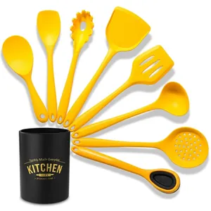 Set di Utensili da Cucina in Silicone Giallo Alimentare Con Secchiello per Conservazione Antiaderente Resistente al Calore 8 Pezzi Strumenti per Cucinare Spatola Mestolo per Casa