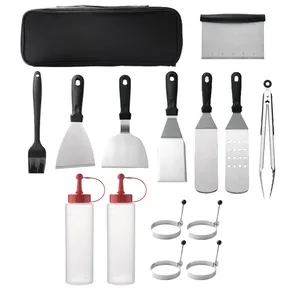 Complete 12-piece stainless steel BBQ griddle tool set with squeeze bottles and spatulas