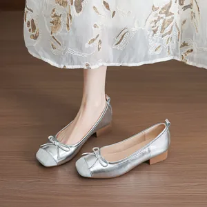 Elegant silver French style ballet flats with bow detail and comfortable block heel for women