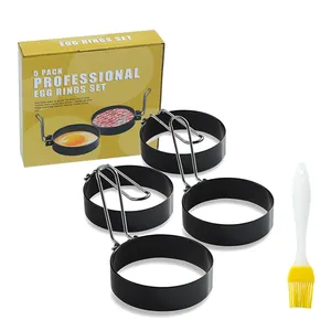 5-piece non-stick stainless steel egg rings set with folding handles and oil brush