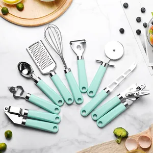 9-piece mint green kitchen gadget set with stainless steel heads and non-slip handles