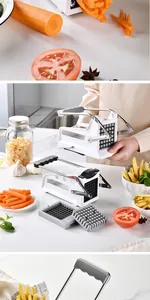 Close-up detail of a manual stainless steel potato chipper and vegetable cutter tool