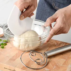 Stainless steel Danish dough whisk and plastic bowl scraper set for homemade bread baking
