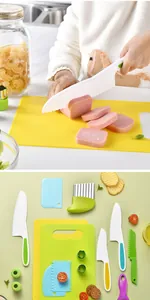 Kid safe plastic kitchen knife set for children featuring serrated blades and cutting boards