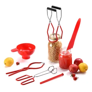 Professional 6-piece red canning tool set including jar lifter and funnel for preserving