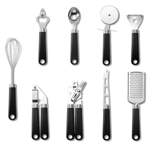 9-piece stainless steel kitchen tool set featuring black ergonomic non-slip plastic handles