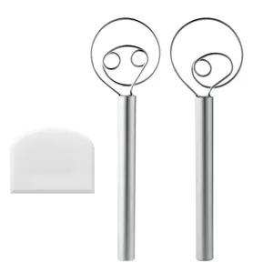 Professional stainless steel Danish dough whisk set with a white plastic dough scraper