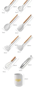 Detailed size chart for marble silicone kitchen utensils set with wooden handles