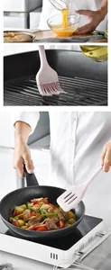 Detailed usage of pink silicone baking tool set including whisk, brush, and spatula