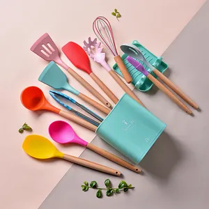 12-piece colorful silicone kitchen utensil set with natural wooden handles for non-stick pans