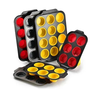 Professional carbon steel muffin baking pans with 6 and 12 holes and silicone liners