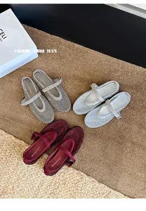 Mesh Mary Jane flats with rhinestone detail in silver, beige, and burgundy colors.