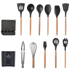 Premium 12-piece silicone kitchen utensil set with natural wooden handles and holder