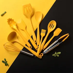 Colección de Utensilios de Cocina de Silicona Integrada Amarilla Con Cubo de Almacenamiento Espátula Antiadherente Resistente al Calor Cucharón Batidor Herramientas de Cocina