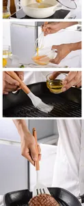 Action details of silicone kitchen utensils with wooden handles in multiple cooking scenes