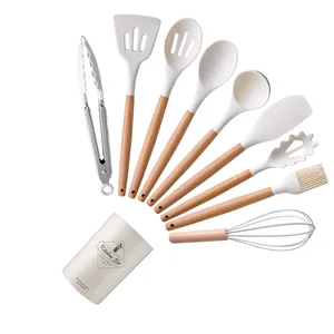 Set professionnel de 11 ustensiles de cuisine en silicone blanc avec manches en bois