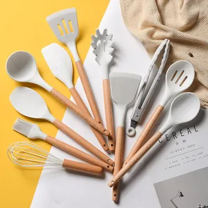 11-piece marble silicone kitchen utensil set with natural wooden handles for cooking